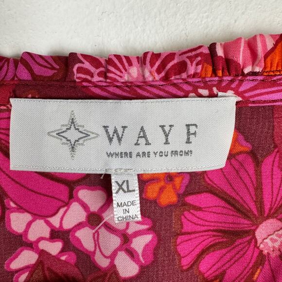 WAYF Loral Print Ruched Plunge Neck Satin Blouse Pink Berry Floral Long Sleeve - Picture 3 of 13